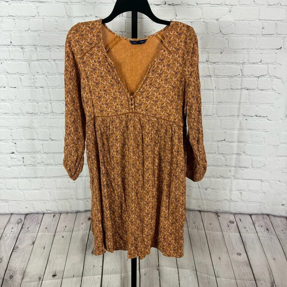 American Eagle Tan Floral Boho Baby Doll Dress Size Small - Picture 1 of 6